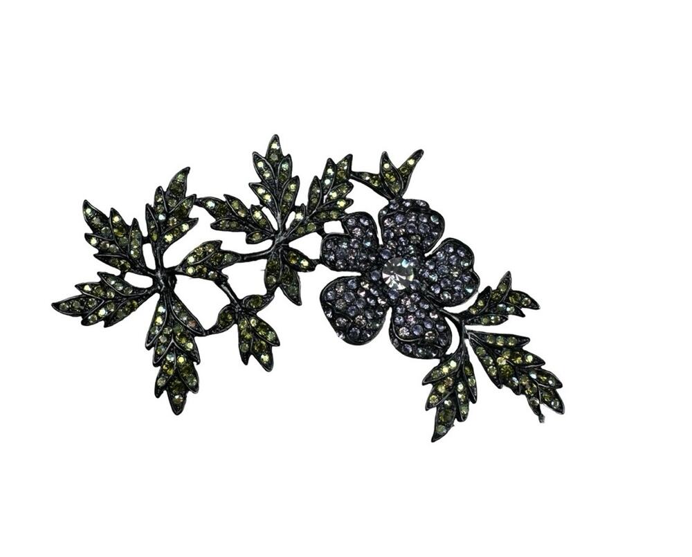 Signed Tara Rhinestone Floral Branch Brooch Green Purple Crystal Large Statement